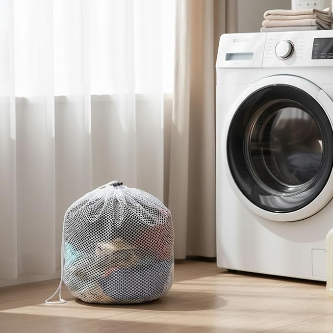 Small Mesh Laundry Bags for Delicates - White Polyester Wash Bags with Drawstring for Socks, Lingerie, Travel, Dorm, Machine Washable, 15.75×18.9 inches
