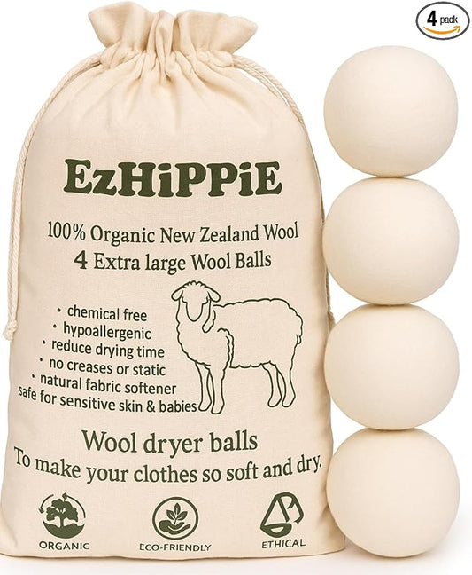 Ezhippie Quality Wool Dryer Balls - 4 XL Pack - 1000+ Loads - Pure Organic Wool - Reusable Natural Fabric Softener Perfect with Essential Oils, Reduce Clothing Static and Wrinkles