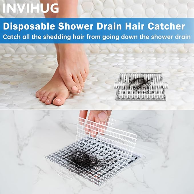 INVIHUG,25 Pack, Disposable Shower Drain Hair Catcher Mesh Stickers,Disposable Hair Drain Catcher. (4.1inch Square)