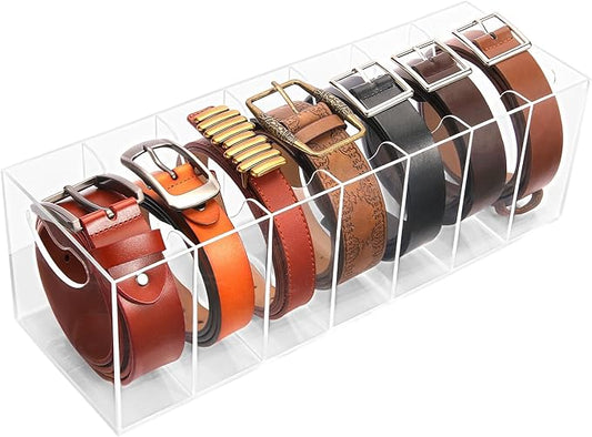 Belt Organizer, Acrylic Belt Racks, 7 Compartments Belt Container Storage Holder, Clear Belt Display Case for Closet Tie and Bow Tie