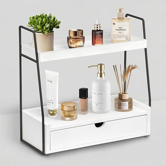 2-Tier Bathroom Organizer Countertop with Drawer, Wood Counter Organizer for Bathroom Decor, Sink Shelf for Vanity Storage, Makeup Tray for Perfume Skincare Bedroom Kitchen Corner