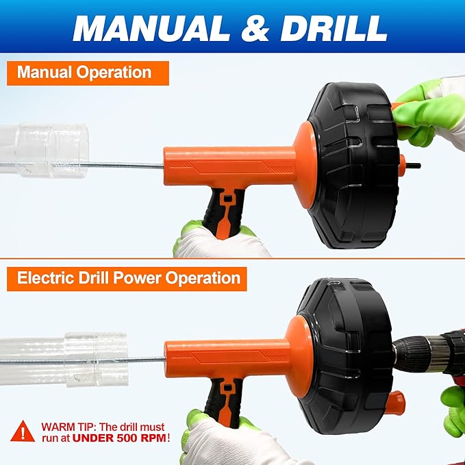 Auto Feed Drain Auger with Gloves, 33 Ft Drain Snake Hair Clog Remover, Heavy Duty Plumbing Snake Drain Clog Remover for Bathroom Sink, Bathtub Drain, Shower Cleaning