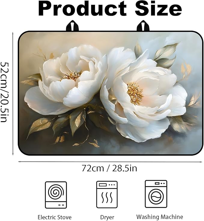 Glass Stove Top Covers for Electric Stove, Heat Resistant Counter Protector Mat, Non Slip Waterproof Surface Cover for Kitchen Counter and Cooktop (White Peony, 28"L x 20"W)