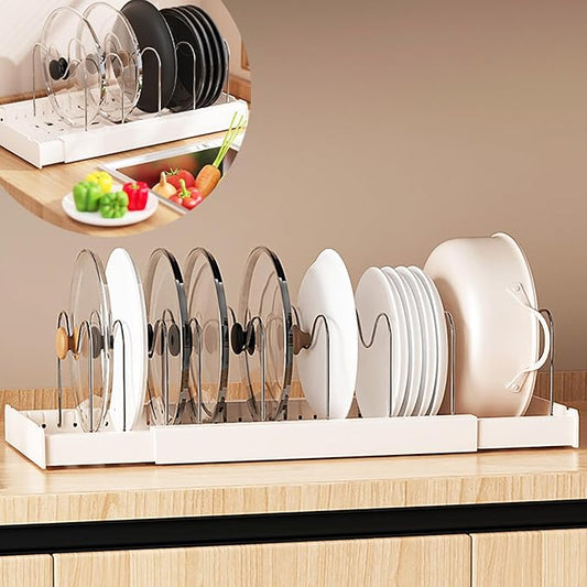 Pots and Pans Organizer Under Cabinet 10 Adjustable Dividers Expandable Pot Pan Lid Holder Organizers Rack inside Cabinet for Kitchen Storage Cookware, Cutting Boards, Lid, Dishes,White
