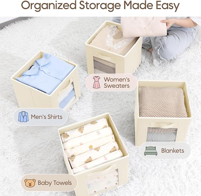 Foldable Storage Cubes - Cubby Storage Organizer with Window, Decorative Baskets for Organizing, Fabric Bins for Clothes Storage, Closet Storage Cubes-11inch, Set of 8, Beige