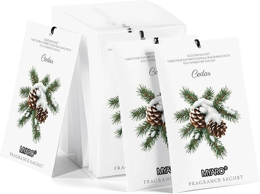 MYARO 12 Packs Cedar Scented Sachets for Drawer and Closet, Fresh Scents Drawer Deodorizers Long Lasting Air Freshener for Home Car House Fragrance