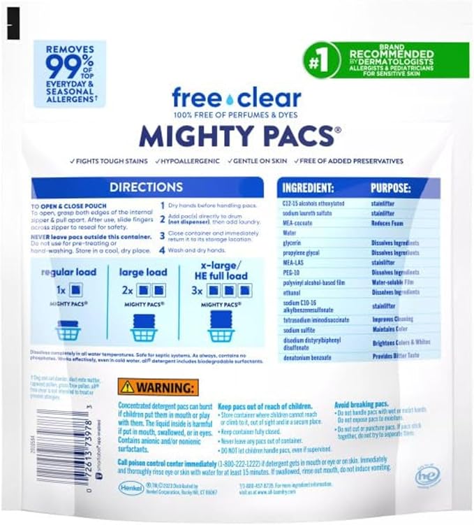 all free clear, Original, MIGHTY PACS Laundry Detergent Pacs for Sensitive Skin, Unscented and Hypoallergenic, 39 Count