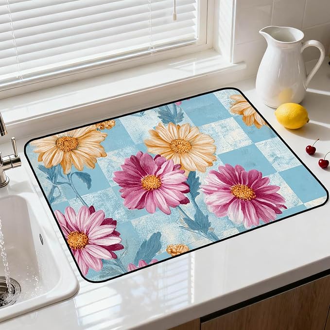 Glass Stove Top Covers for Electric Stove, Heat Resistant Counter Protector Mat, Non Slip Waterproof Surface Cover for Kitchen Counter and Cooktop (Vintage Daisy Patchwork, 28"L x 20"W)