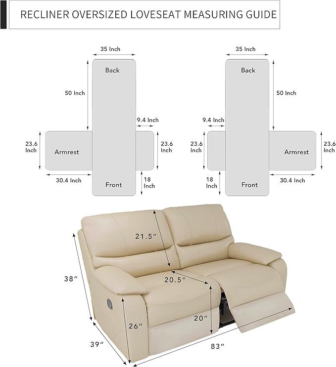 Easy-Going Oversized Loveseat Recliner Cover, Reversible Couch Cover for Double Recliner, Split Sofa Cover for Each Seat with Elastic Straps for Kids, Dogs, Pets(Oversized 2 Seater, White/White)