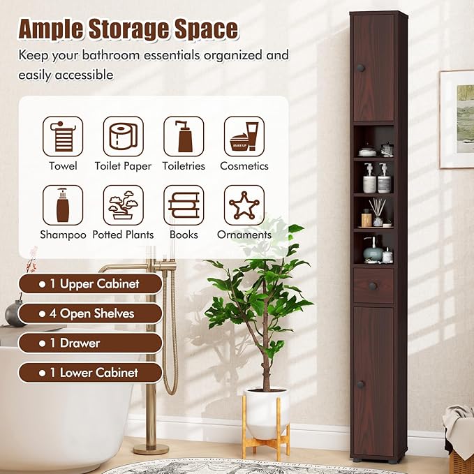 Giantex Slim Bathroom Storage Cabinet - Tall Narrow Floor Cabinet Cupboard with 2 Doors, 5 Adjustable Shelves, Drawer, Anti-Tipping Device, Thin Linen Tower Cabinet for Living Room, Reddish Brown