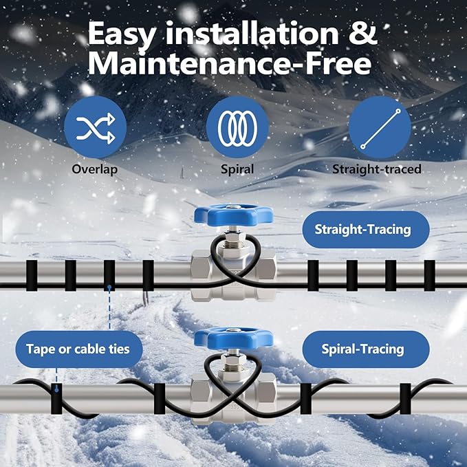 24FT（3FT-200FT） Pipe Heating Cable for Pipe Freeze Protection, Heat Cable for Water Pipes(Metal and Plastic), Pipe Heat Tape Keeps Water Flowing at -40°F 5w/ft, 120V Plumbing fixture
