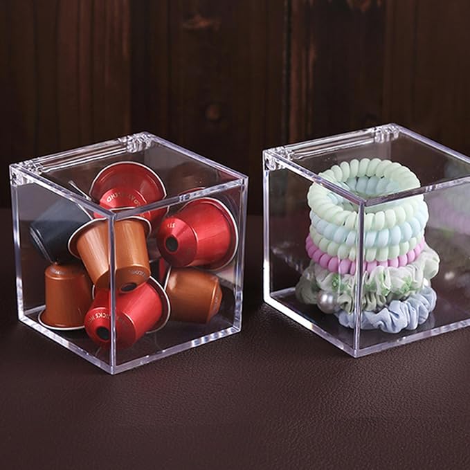 Acrylic Box with Hinge Lid, Clear Cube Display Case,Acrylic Square Container for Holding Staples, Highlighters, Adhesive Tape, Paper Clips, Stamps, Display in Office or Home