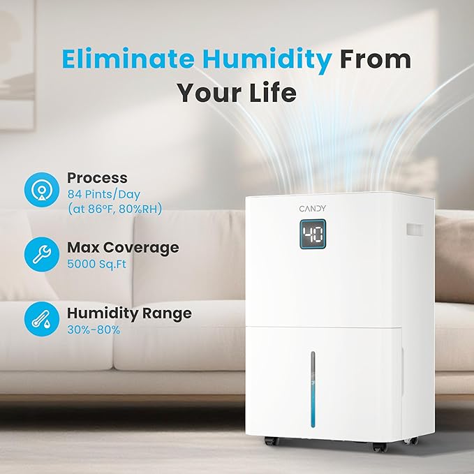Candy 98 Pints Dehumidifier for Spaces up to 5000 Sq. Ft, Dehumidifier for Home, Basements and Large Rooms with Drain Hose and 1.45 Gallons Water Tank