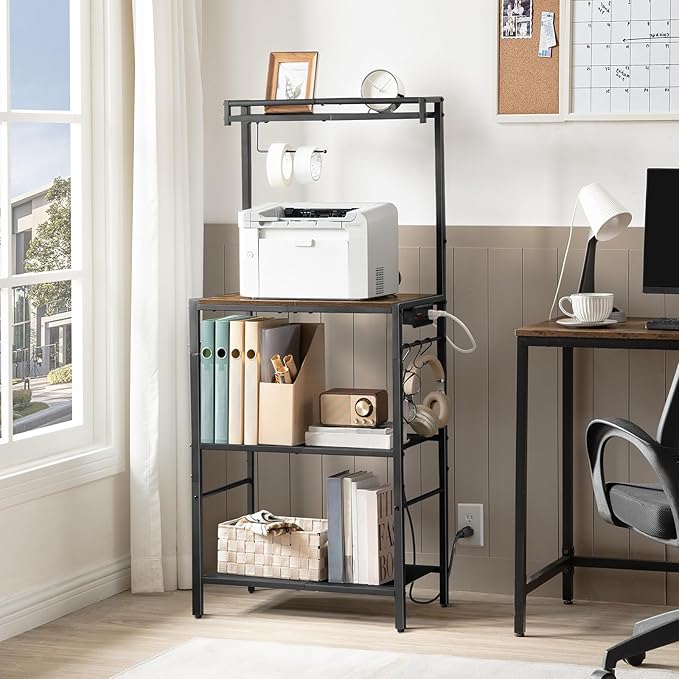 Bakers Rack with Storage, Microwave Stand with Paper Holder, Bakers Rack with Power Outlet, Coffee Bar Station with 6 Hooks, for Kitchen, Dining Room, Rustic Brown and Black BRHR36E01