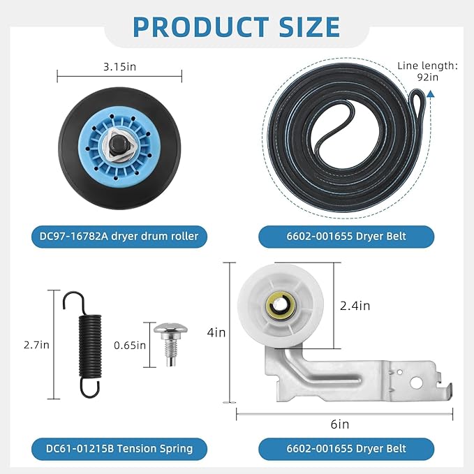Dryer Repair Kit DC97-16782A Dryer Roller Compatible with Sam-sung DV50K86EV/A3 DV40J3000EW/A2 Includes 6602-001655 Dryer Belt DC93-00634A Dryer Idler Pulley with Tension Spring by AMI PARTS