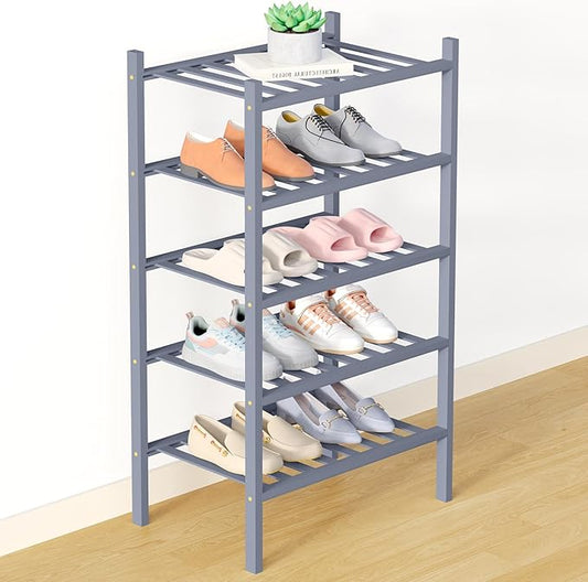Smiry Bamboo Shoe Rack for Closet, 5 Tier Small Wooden Stackable Shoe Organizer, Free Standing Shoes Storage Shelf for Entryway, Front Door Entrance, Grey