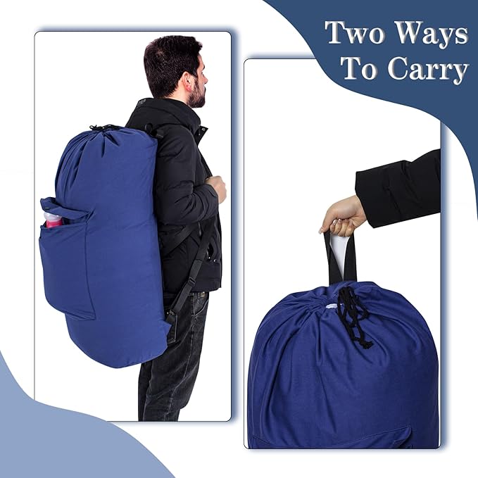 Sanlykate Canvas Backpack Laundry Bag - Extra Large Durable Dirty Clothes 2-3 Days Capacity with Adjustable Shoulder Strap & Front Pocket, for College Dorm, Apartment, Laundromats, Camping Travel