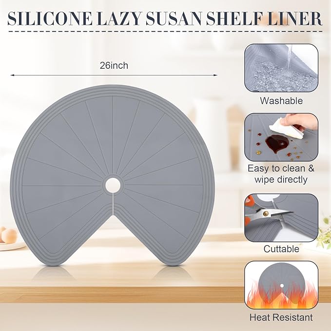 2 Pack 26 Inch Lazy Susan Shelf Liner Silicone Shelf Liner Non Adhesive Circle Kitchen Liners Non Slip Cabinet Liners for Drawer Refrigerator Cupboard Cabinet Organizers(Gray)