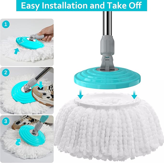 Stainless Steel Extendable Mop Handle with 2 Microfiber Replacement Heads & 360° Rotating Base Plate — Fits Standard Mop Buckets -Blue