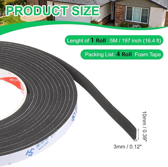 PATIKIL 4Roll Sponge Rubber Foam Tape, 3/8" W x 1/8" t x 16.4ft l Self-Adhesive Foam Insulation Tape Weather Stripping for Window Door Soundproofing Weatherstrip AC Seal Strip, Black