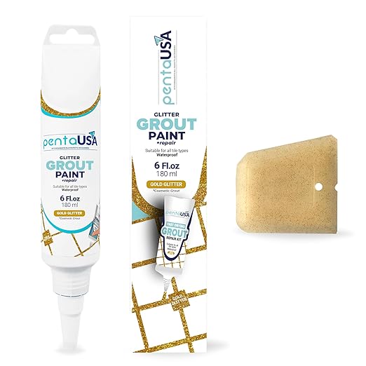 PentaUSA Tile Grout - Glitter Grout Tube, 6 Fl Oz Glitter Fast Drying Grout Paint, Shiny Grout Repair Kit - Renew Grout Lines in Bathroom, Kitchen, Countertops (180 ml, 6 Fl Oz) (Gold)