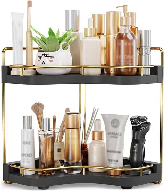 2-Tier Corner Bathroom Counter Organizer with Embedded Screw Holes, Secure & Stable Wood Vanity Shelf for Makeup and Skincare Essentials - Space Saving Bathroom Countertop Storage, Black Gold