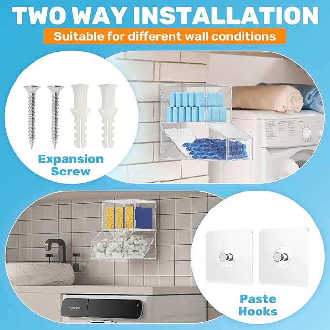 Acrylic Laundry Pods Organizer with 2 Lids - Multi-Purpose Dispenser for Dishwasher Pods, Detergent Powder, Dryer Balls & Snacks | Wall Mount or Desktop Storage