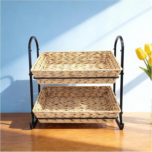 2-Tier Plastic Rattan Wicker Storage Basket with Metal Frame, Countertop Organizer Shelf for Kitchen, Bathroom, Pantry, Fruit, Vegetables, Snacks, Toiletries|Coffee Capsule, Coke,Can Rack