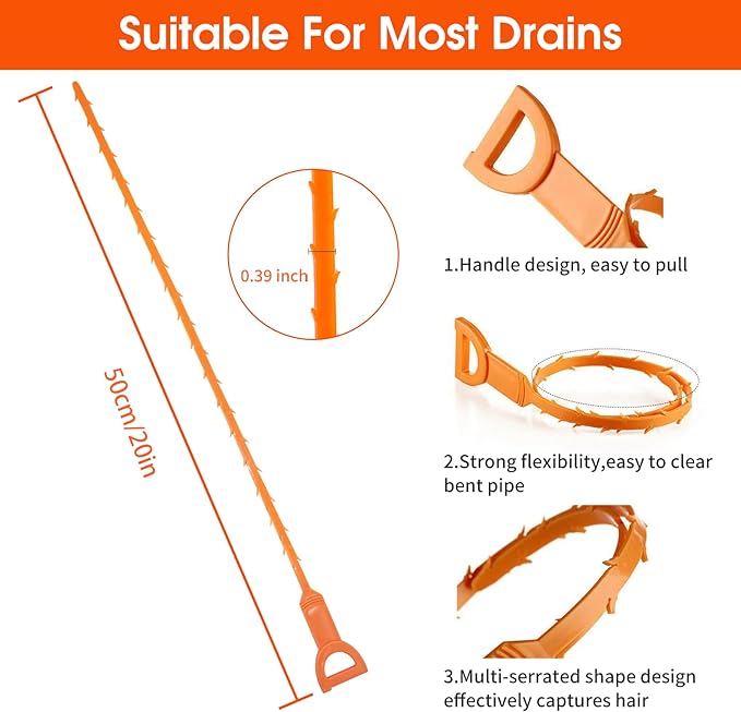 Huryfox Drain Clog Remover Tool- 12 Pack 20 Inch Length Drain Cleaner Sticks for Sink, Pipe and Tub - Plumbing unclogger Tool for Clogged Drains in Shower, Hair Catcher for bathroom, kitchen, Bathtub