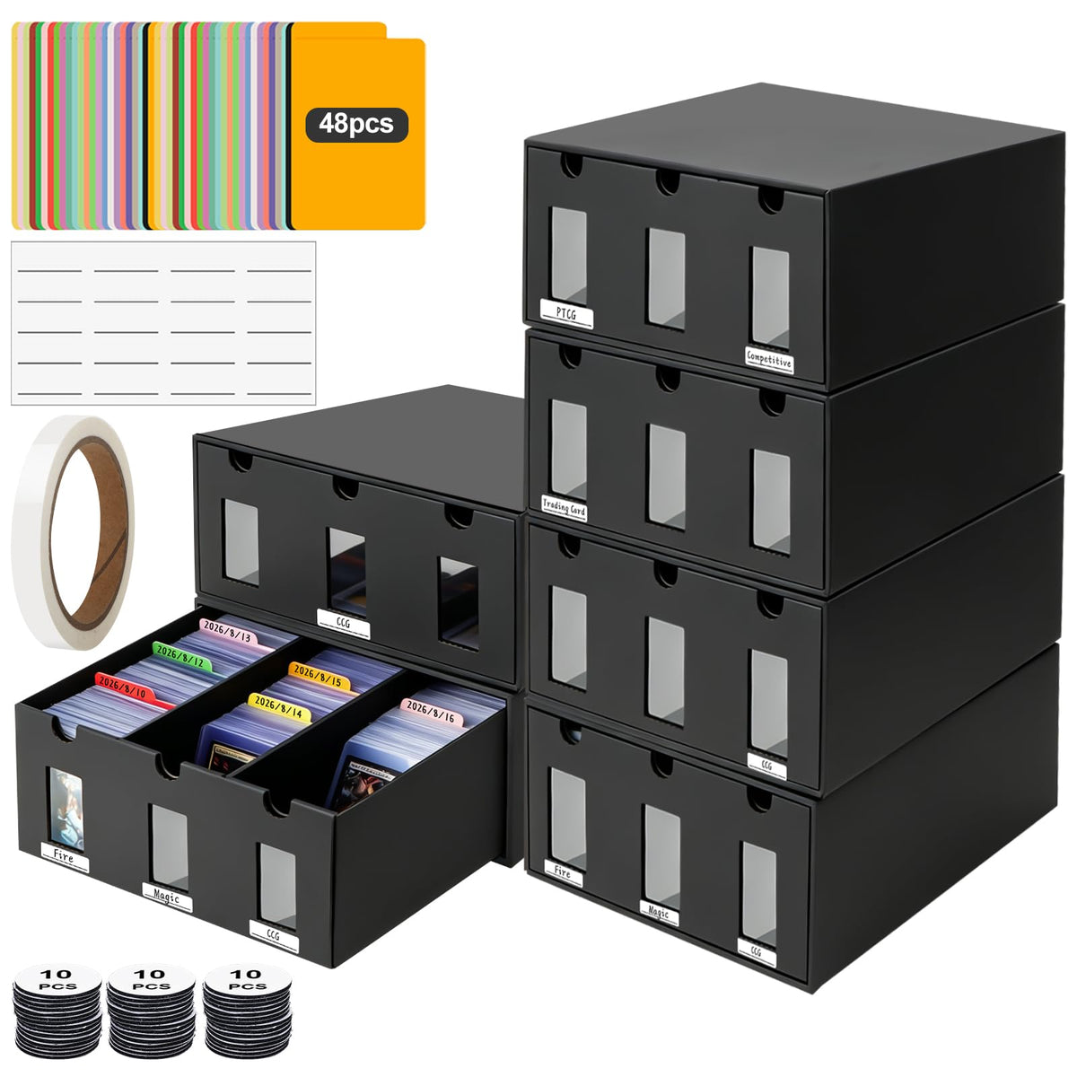 6 Pack Card Storage Box Toploader,3 Drawer,Black - Image 1