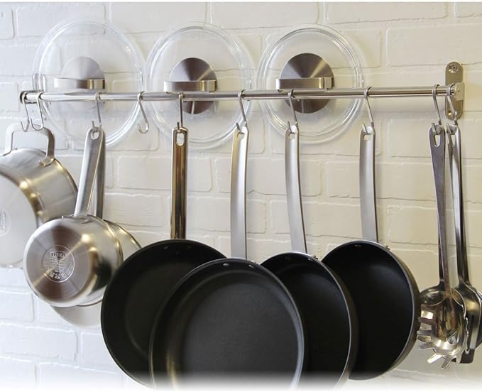 Premium Chefmate Stainless Steel Gourmet Kitchen 31.5 Inch Wall Mount Rail and 10 S Hooks Set Utensil Pot Pan Lid Rack Storage Organizer, Silver