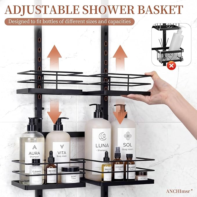 Adjustable Hanging Shower Caddy for Handheld Showerhead, 4-Tier Rustproof Shower Rack Baskets, Anti-Swing Hanging Shower Organizer for Bathroom Storage with 2 S-Hooks, Large Capacity, Black