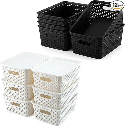 AREYZIN 12 Pack Bundles Plastic Storage Baskets Including Set of 6 Durable Small Organizer Bins Storage Baskets