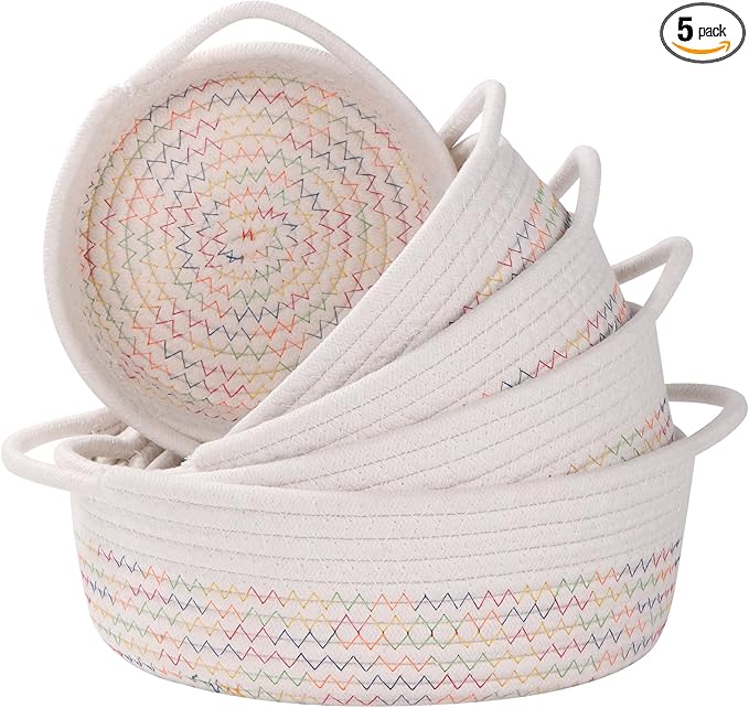 YMhoart Small Storage Woven Baskets Shelves Natural Cotton Rope Bins with Handle Toilet Tank Paper for Countertop Cute Gifts Organizing Mini Nursery 5 Set box (White&colored lines)