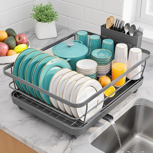 Stainless Steel Dish Drying Rack for Kitchen Counter, Sink Organization and Storage Essentials with Silverware & Utensil Holder, Home and Apartment Decor, 12''W x 15.6''L, Gray