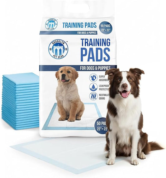Training Pads for Dogs & Puppies, Super Absorbent, Leak-Proof Protection, Odor-Neutralizing, Disposable Puppy Pads Essentials 22"x22" 50 Count - BROOKLYN PET GEAR