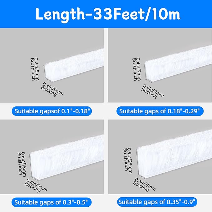 33 Ft Strong Adhesive Brush Weather Stripping for Sliding Windows and Door Frames-Seal Strip for Soundproofing,Waterproof,and Windproof-Durable and Wear Resistant,0.6 Thick