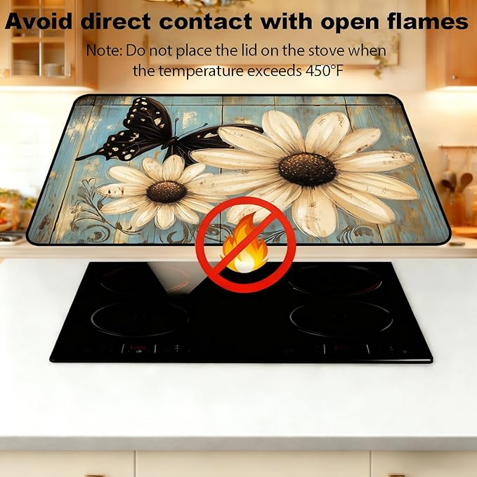 Glass Stove Top Covers for Electric Stove, Heat Resistant Counter Protector Mat, Non Slip Waterproof Surface Cover for Kitchen Counter and Cooktop (Daisy Butterfly, 28"L x 20"W)