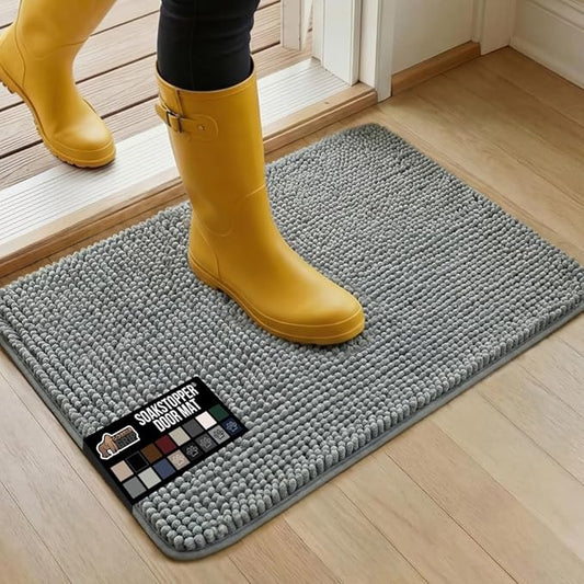 GORILLA GRIP SoakSTOPPER Dog Door Mat, Machine Washable Rug Absorbent Doormat Captures Moisture Mud Dirt, Quick Dry Soft Chenille Entryway Rugs Indoor Entrance Mats for Dog Paws, 24x17 Grey