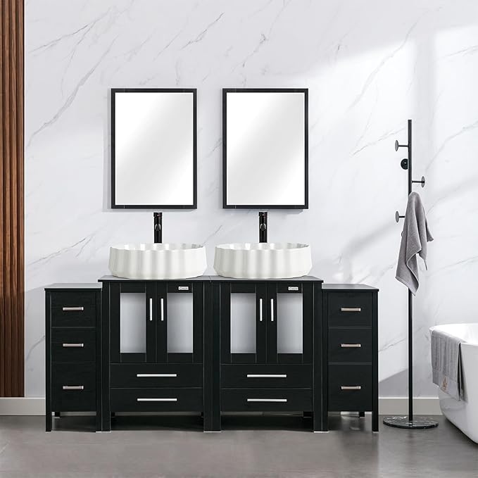 eclife 72" Modern Bathroom Vanity Sink Combo Freestanding Cabinet with Small Side Cabinet, White Shell Ceramic Vessel Sink, Water Save Faucet, Drain (Black+T54)
