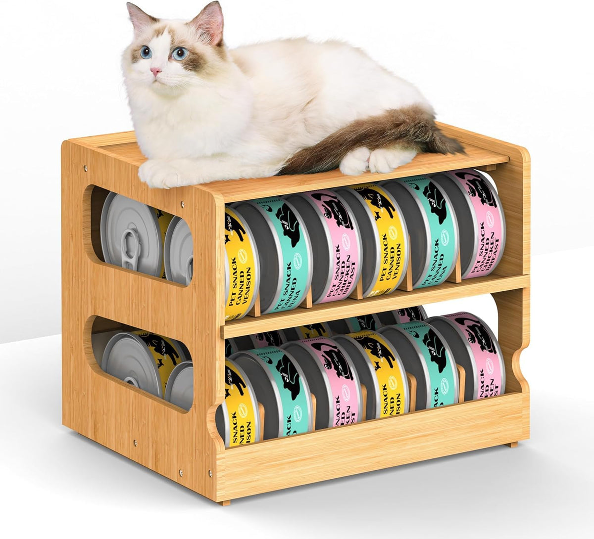 Stackable Bamboo Cat Food Can Organizer, Cat Canned Food - Image 1