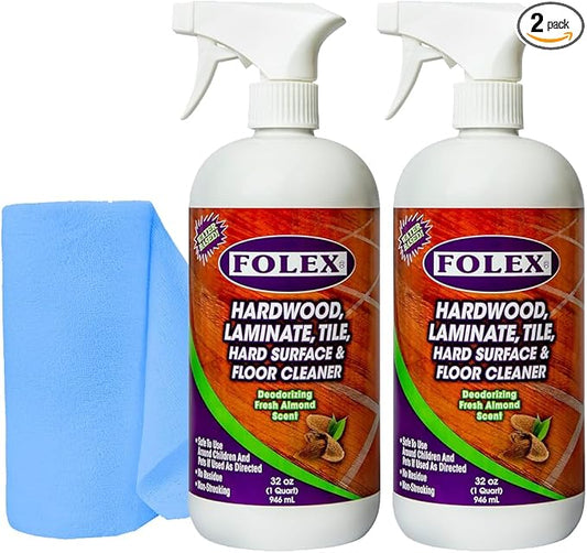 FOLEX Hardwood, Laminate, Tile, Hard Surface & Floor Cleaner with Reusable Cleaning Cloth, Fresh Almond Scent, Residue and Streak Free - 2 Pack