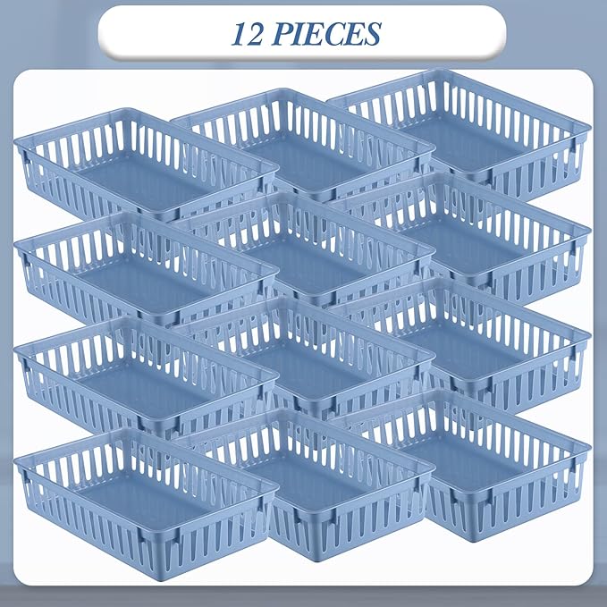 Wenqik Set of 12 Small Plastic Baskets for Organizing 10.24 x 6.5 x 2.36 Inch Pharmacy Baskets Rectangular Trays Plastic Organizer for Office Pharmacy Dorm Kitchens, Closets Shelves(Haze Blue)