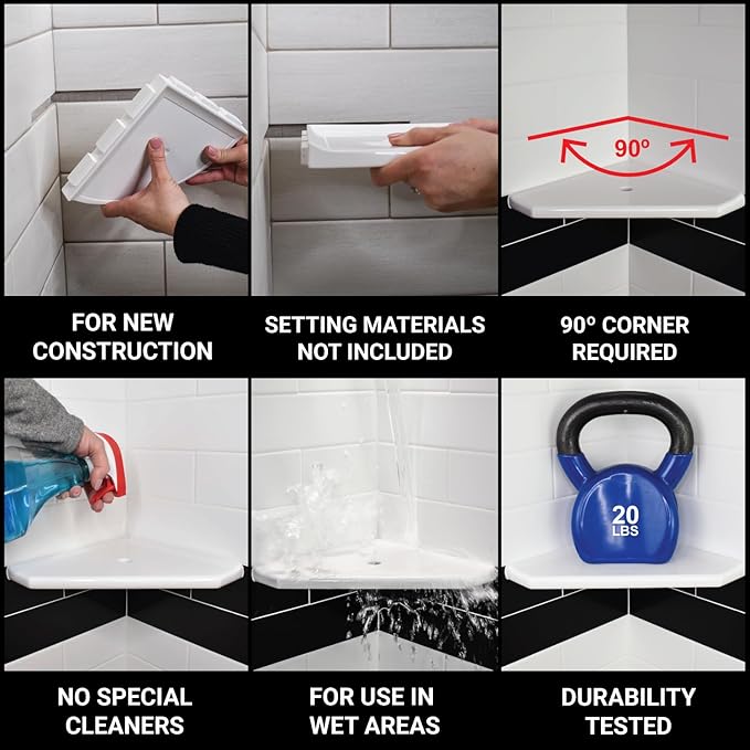 Questech 10" Corner Shower Shelf - Lugged for New Construction, Shower Organizer for Tiled Walls, Corner Caddy Soap Dish Bathroom Storage, Geo Lugged, Sand Matte
