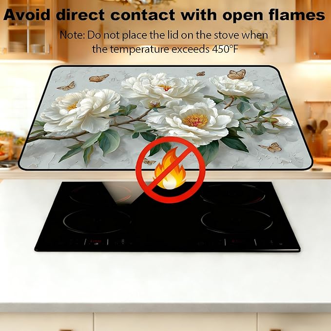 Glass Stove Top Covers for Electric Stove, Heat Resistant Counter Protector Mat, Non Slip Waterproof Surface Cover for Kitchen Counter and Cooktop (White Peonies, 28"L x 20"W)