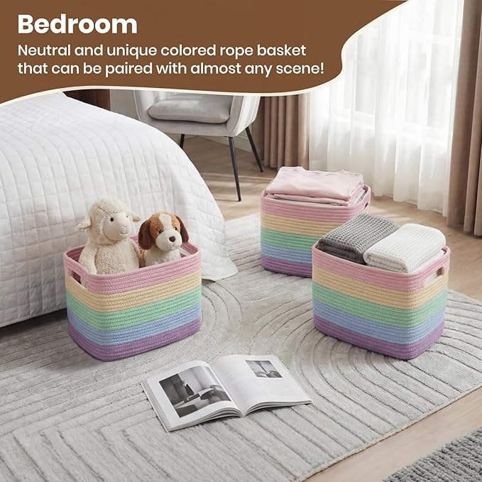 Storage Baskets for Organizing, 14 x 10 x 9” Closet Shelf Woven Baskets, Square Bins with Handles, Cotton Rope Basket for Toys, Clothes, Office, Room, Rainbow 3 Pack