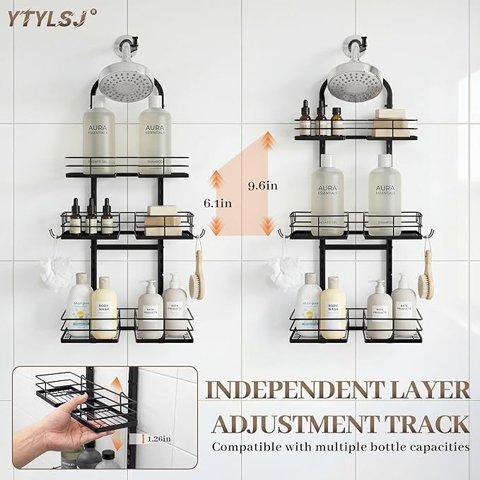 Aluminum Alloy Hanging Shower Caddy for Handheld Shower Heads, 3-Tier Adjustable Shower Rack, Rustproof Hose Hanging Shower Organizer with 2 S-Hooks, Matte Black