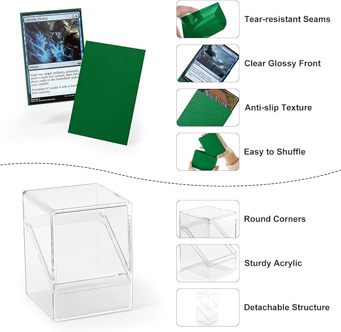 2 Pack Card Deck Boxes, Deck Case with 200Pcs Card Sleeves and Dividers, Standard Clear Commander Cards Storage Box Fit for MTG, Sport, Trading Cards (Dark Green)