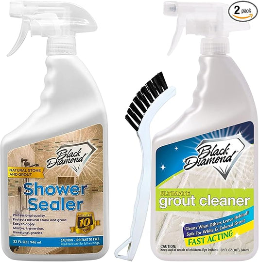 Black Diamond Stoneworks Natural Stone Shower Sealer Quart + Ultimate Grout Cleaner with Brush Quart (2-Pack) – Seals & Protects Showers, Deep Cleans Tile & Grout