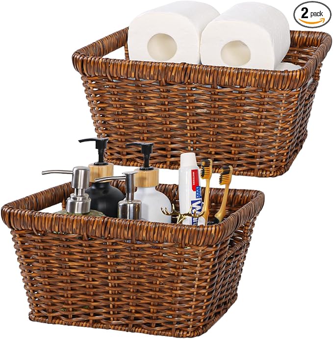 2pcs Wicker Storage Basket for Shelf, Waterproof Large Storage Baskets Bins with Handles, Stackable Rectangle Baskets for Shelves, Closet, Pantry, Laundry Organizing, Toffee